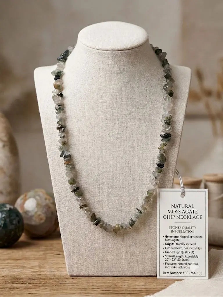 NATURAL MOSS AGATE CHIP NECKLACE, Natural, untreated Mass Agate, Length 20-22 inches (Adjustable), ABC-MA-130